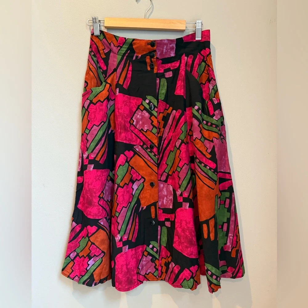VINTAGE 80s Midi Abstract Art Work - Front Button Closure Skirt - S - Picture 2 of 11